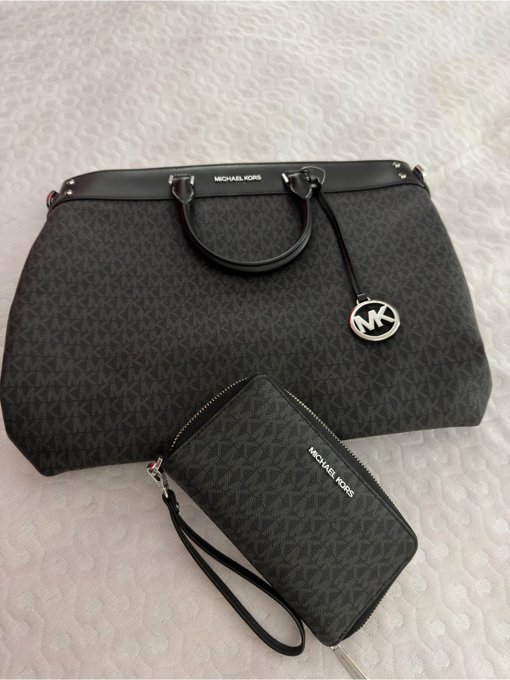 Michael Kors Black Monogram Satchel with Matching Wristlet